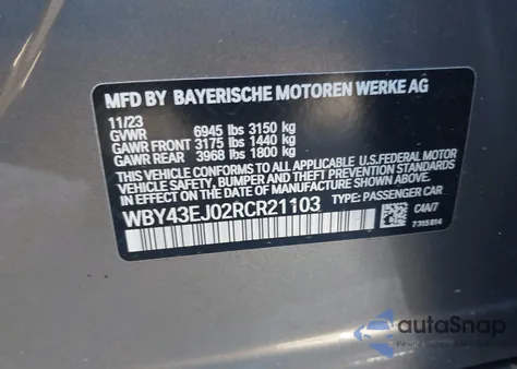 2024 BMW I7 Edrive50 из США, поврежденный, VIN WBY43EJ02RCR21103
